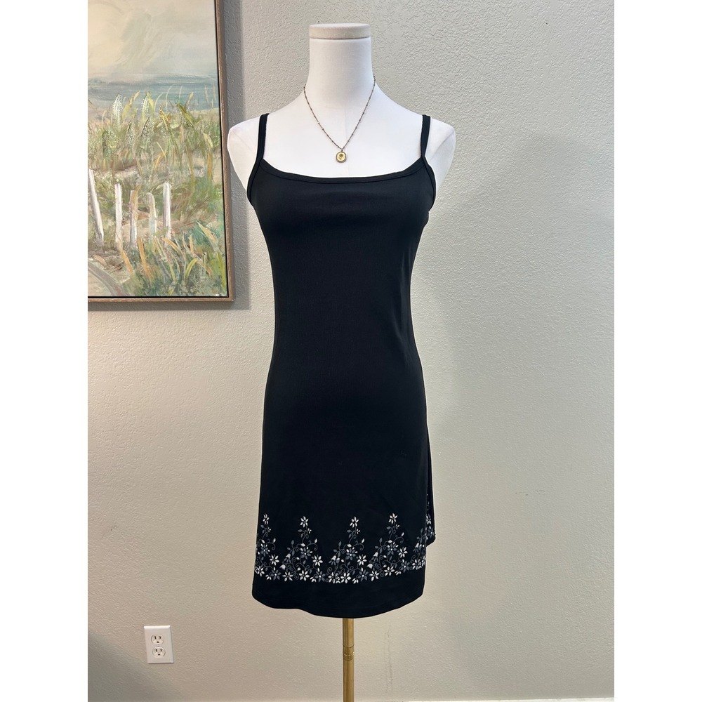 Vintage Y2K Black Slip Dress Floral Hem Minimalist Spaghetti Strap Medium